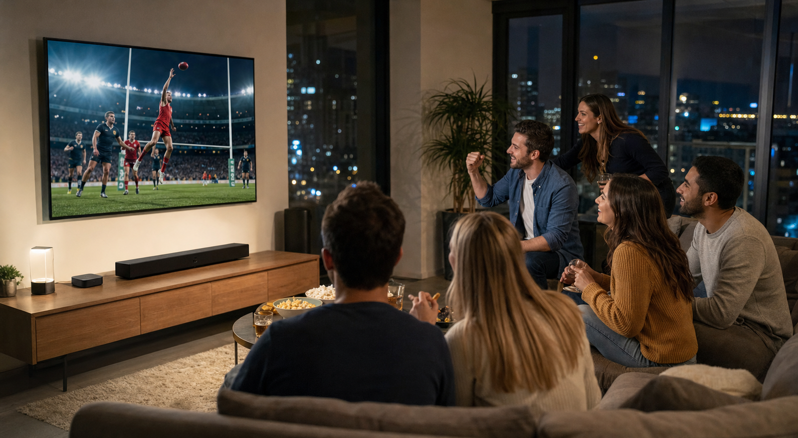 Friends watching IPTV Canada sports streaming in a modern condo